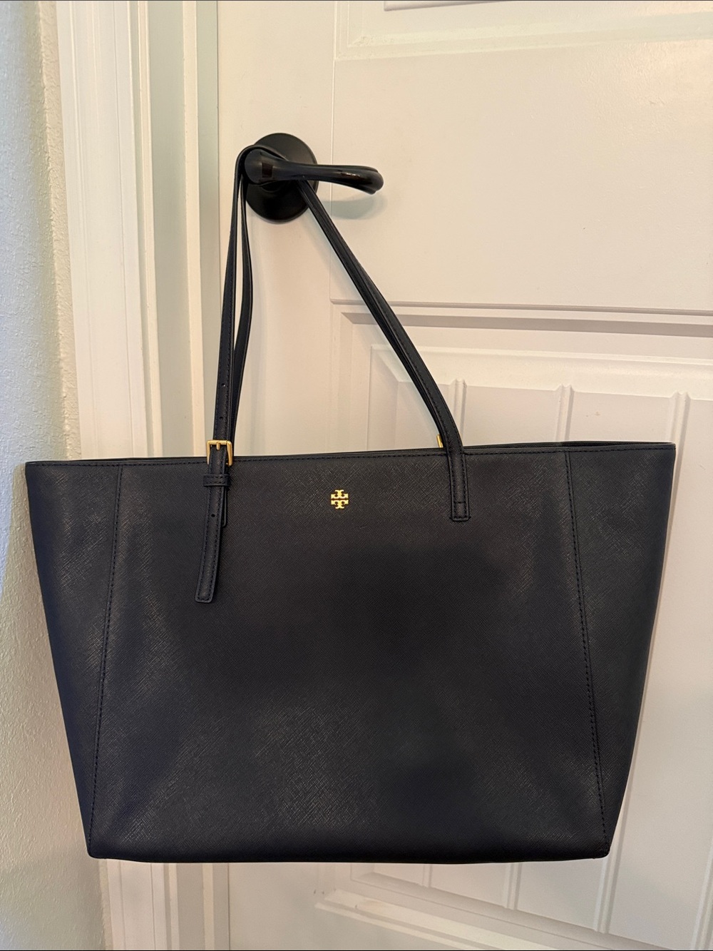 Tory Burch Blue Saffiano Leather Tote with Double T Logo